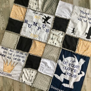 Custom Personalized Where the wild things are bedding , Blue Black Yellow Gray Let the wild rumpus start blanket, Nursery crib quilt