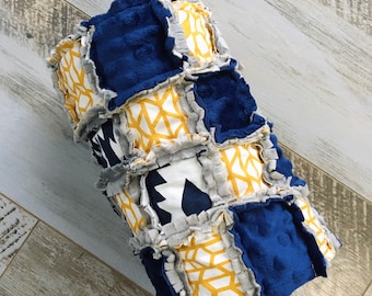 Minky rag quilt, Navy and yellow baby blanket