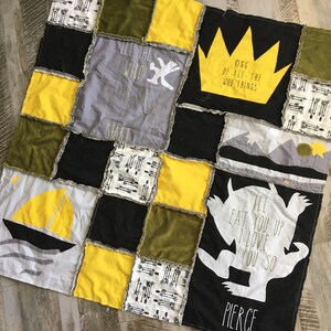 Custom personalized Where the wild things are rag quilt, Green yellow nursery bedding