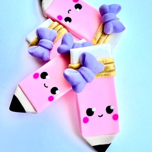 Pink pencil clay center, pencil bow center, pink pencil with purple  bow appliques, back to school clay
