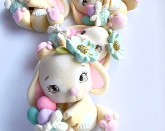 Handmade Easter Bunny Clay Center: Beige Bunny with Eggs and Bow Accent