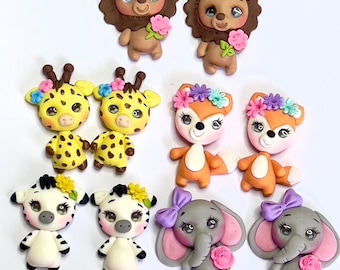 Set of two Safari animal clay centers, black and white zebra bow center, safari clays, lion  clay, elephant clay