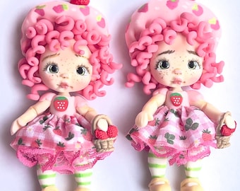 Muñeca de arcilla Strawberry Shortcake, muñeca de arcilla con vestido rojo, apliques de muñeca con estampado de fresas, muñeca de pasta, fresita niña en pasta