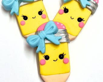 Yellow Pencil Clay Applique: Blue Bow Center
