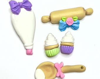 Handmade Clay Pastries Tool Set: Miniature Cupcakes, Spoon, Roller