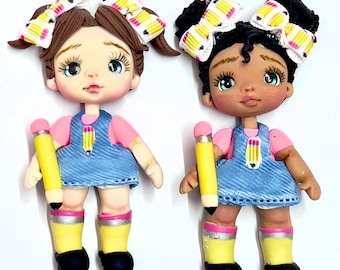 Back to school  Clay Doll: pencil Dress, Craft Supply, Clay for pens, bow hair decor, Clay dolls