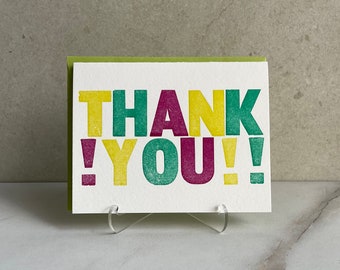 Letterpress THANK YOU Card with Envelope. Colorful, bold & fun, thank you, thanks notecard. Handprinted, Embossed, folded letterpress card