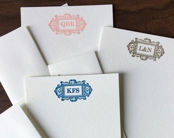 Set of 30, Custom Initials Letterpress Stationery. Personalized Notecards with Envelopes. Embossed Letter Press, Beautiful Handprinted Cards