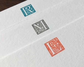 Set of 30, Custom Initial Letterpress Stationery. Personalized Notecards with Envelopes. Beautiful Embossed, Customizable Letter Press Cards