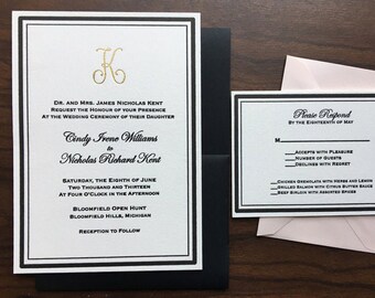 Classic Letterpress Wedding Invitation with Gold Foil. Handprinted Wedding Invitation Suite. Wedding Invite, Invitation Envelope, RSVP card