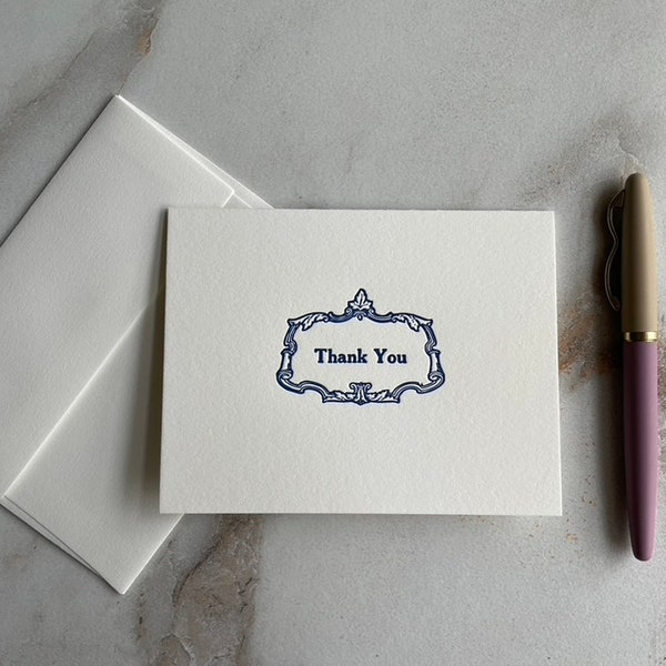 Letterpress Printed Thank You Card, THANKS Folded Notecard with envelope. Handprinted, Navy Heartfelt Stationery Card. Letter writing note