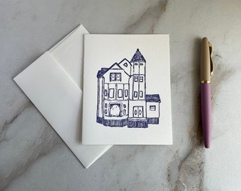 Letterpress gedrucktes Viktorianisches Haus Klappkarte mit Kuvert. Handbedruckte Grußkarte. Herzliche, florale handgemachte Karte