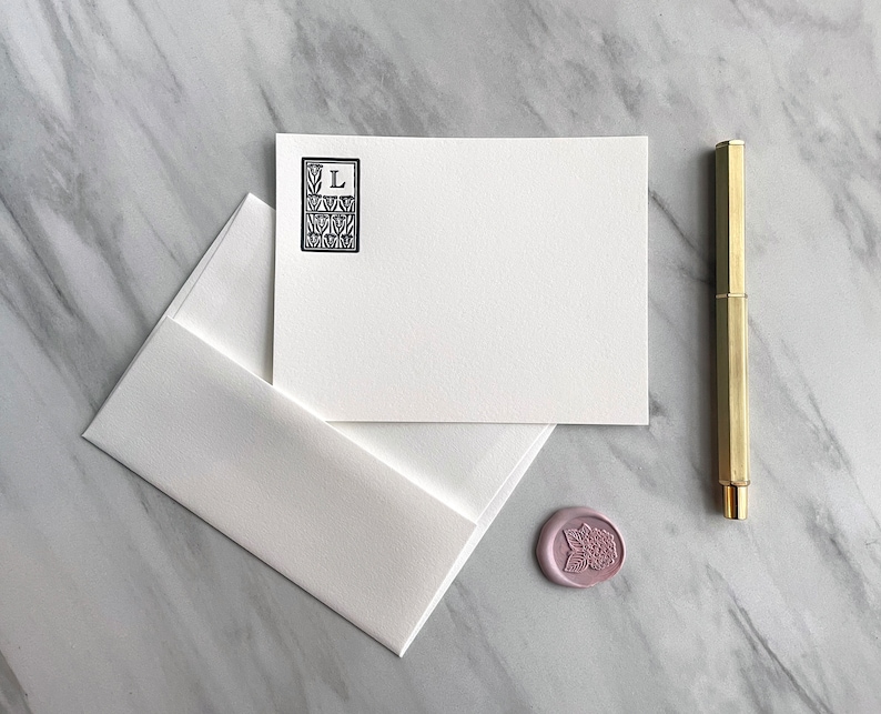 Set of 30, Custom Initial Letterpress Stationery. Personalized Notecards with Envelopes. Embossed Letter Press, Flat Card, Customizable gift image 2