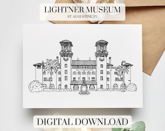 Lightner Museum St. Augustine, FL Black & White Digital Download || wedding venue, hand drawn, sketch, modern, line drawing, minimal gift,