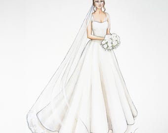 Custom Bridal Illustration, Wedding Gift, Custom Fashion Illustration, Personalized Fashion Painting, Wedding Dress Art