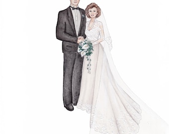 Custom Couple Wedding Illustration, Wedding Gift, Custom Fashion Illustration, Fashion Painting, Wedding Dress Art, Bride and Groom Portrait