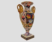 Royal Crown Derby King Street Imari Style Porcelain Vase Urn with Gilt Swan Shape Handles - 1861 - 1935, England