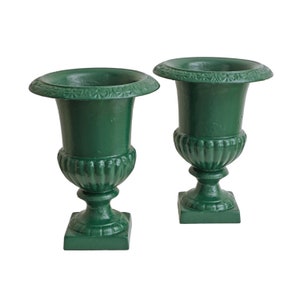 Pair of Cast Iron Garden Urns: French Neoclassical Green Planters