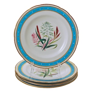 Minton Botanical Plate Set: Jeweled Turquoise Enamel Porcelain, Antique Wildflower Decor