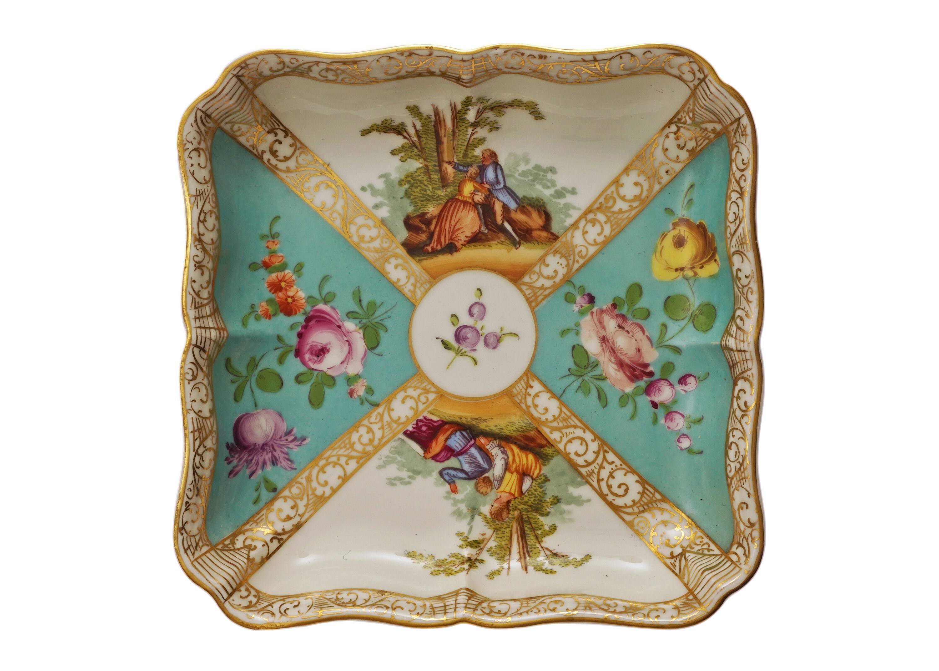 Carl Thieme Saxonian Porcelain Square Quatrefoil Bowl Large - 1888-1901 Mark, Potschappel Germany