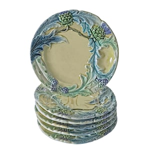 Antique Fives Lille Majolica Plates: Asparagus & Artichoke Barbotine, Set of 6