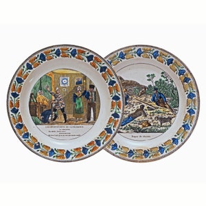 Pair Creil Polychrome Transferware Plate French Faience Montereau Lebeuf - after 1840, France