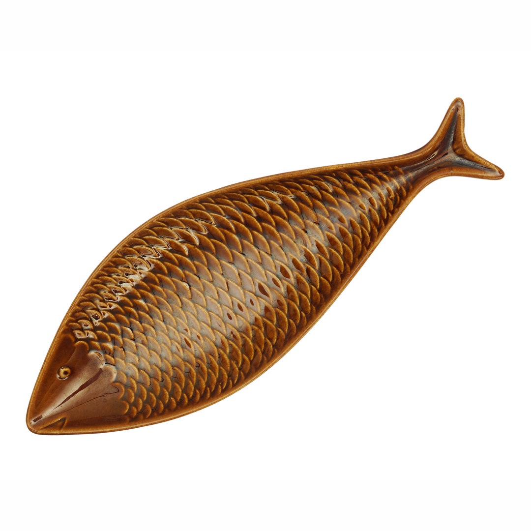 Stig Lindberg Gustavsberg Fish Plate: MCM Brown Glaze Stoneware