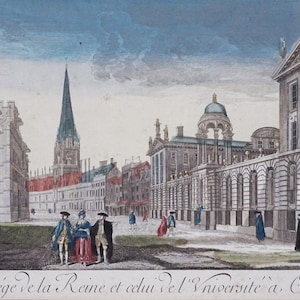 Antique Oxford University Print: Queens College Optical View, Framed