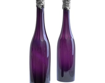 Amethyst Glass Wine Bottle Pair Antique  Silver Mounted Grapevine Pourer Decanter Set Gift Wine Lover Gift Gourmet Gift Hostess