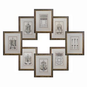 18th C Neufforge Architecture Engravings: French Mat Framed Wall Art, Set of 8