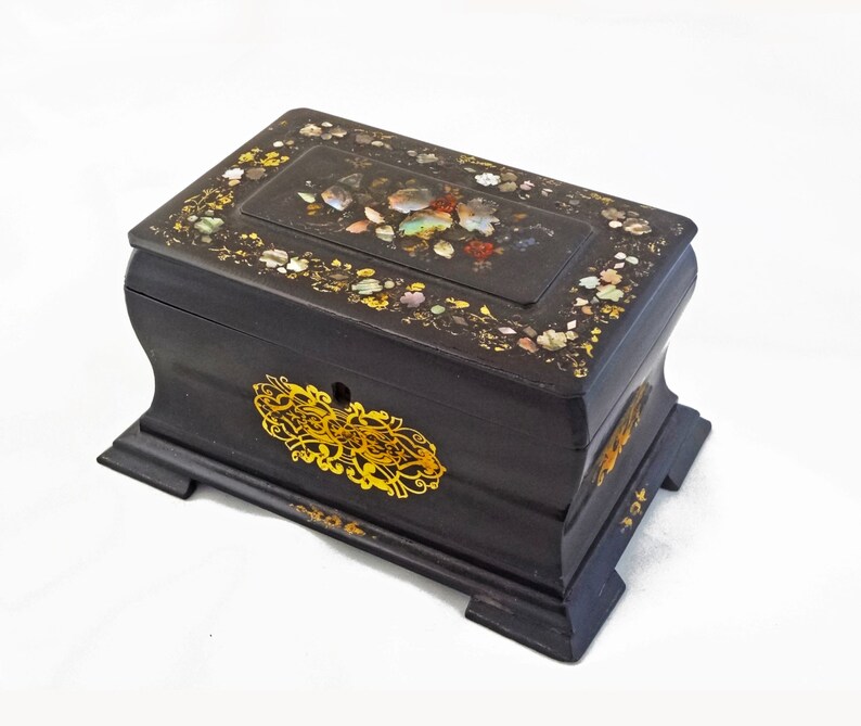 Antique Ebonized Papier Mache Tea Caddy Box Mother of Pearl Etsy