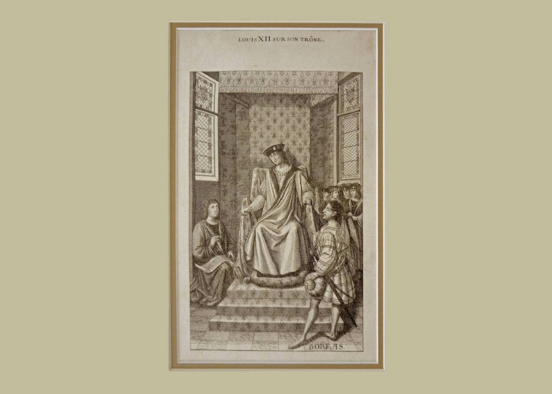 France Louis XII sur son Trone Steel Engraving after Jean Bourdichon 19th Century