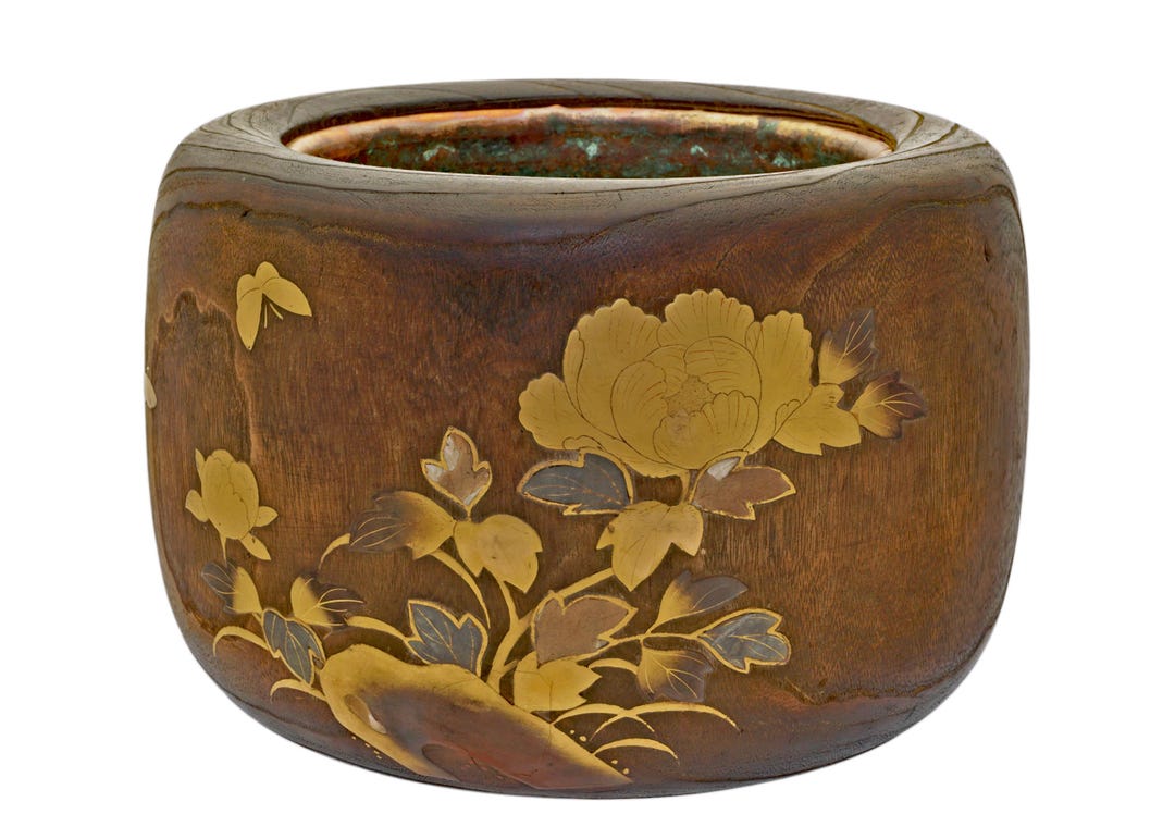 Antique Japanese Meiji Period Inlaid Kiri Wood Hibachi Brazier