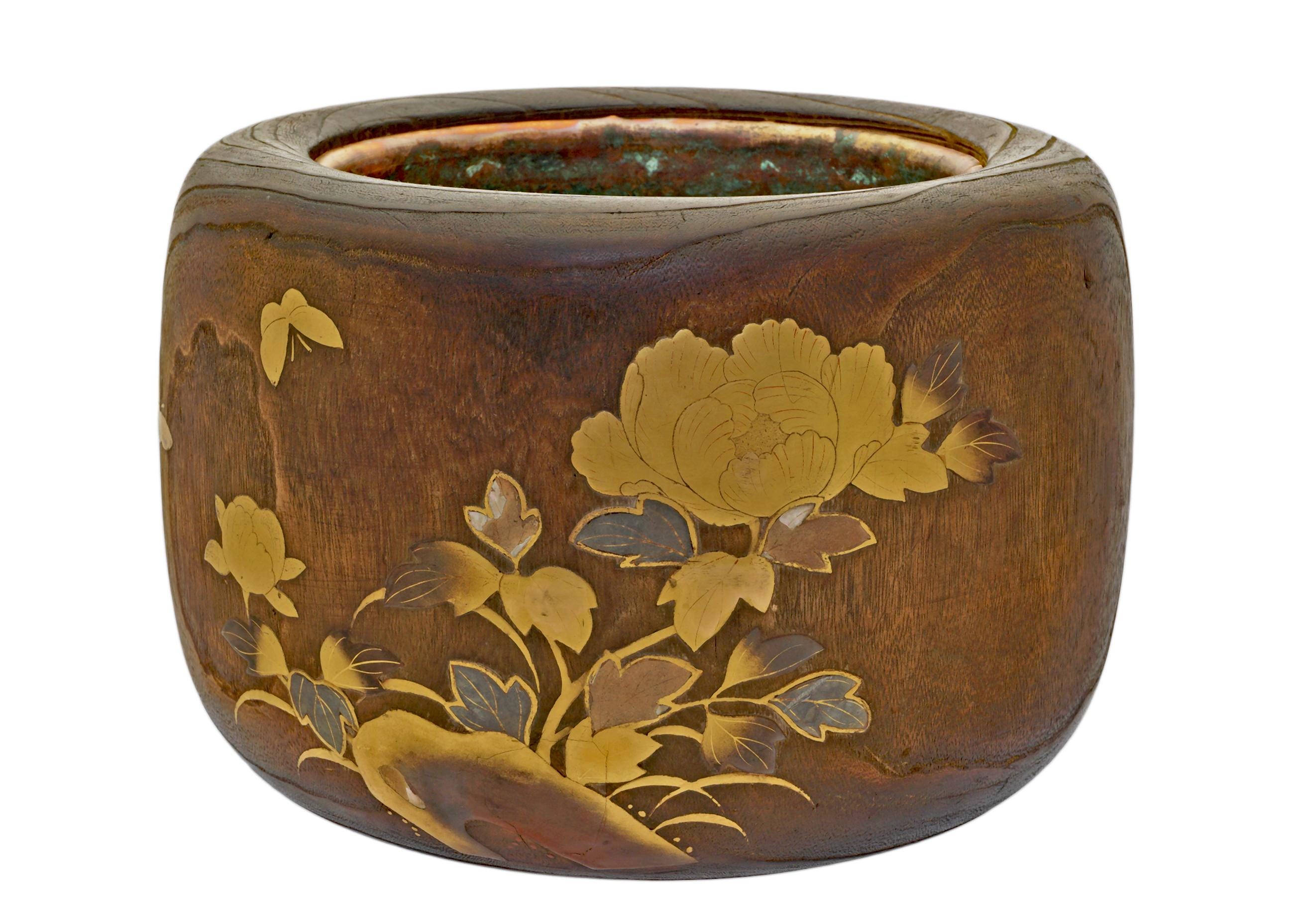 陶器　鉢　アガベ　植物　Japan　history　　Art　culture Antique Japanese Meiji Period Inlaid Kiri Wood Hibachi Brazier