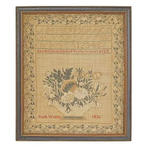 Antique Needlework Sampler: 1836 Ruth Wright Linen Embroidery, Framed