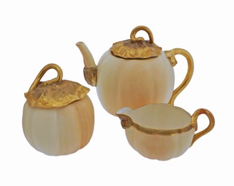 Pumpkin Royal Worcester Tea Set Antique Teapot Cream Sugar Housewarming Gift Porcelain Collector British Art Nouveau Modern Style Decor Gift