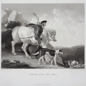 May include: An antique black and white print titled "Bringing Home the Deer." The image depicts a man on horseback with a deer carcass, accompanied by a dog. The scene is set in a mountainous landscape.