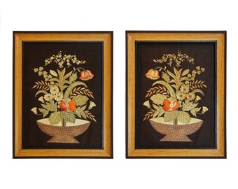 Japanese Pair Meiji Fukusa Framed Embroidered Textile Metallic Thread Flower Basket Ikebana Needlework Asian Decor Antique Textile Japan