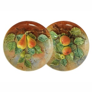 Pair of Large French Majolica Wall Hanging Plates Trompe L&#39;Oeil Pears & Apples Fives Lille De Bruyn