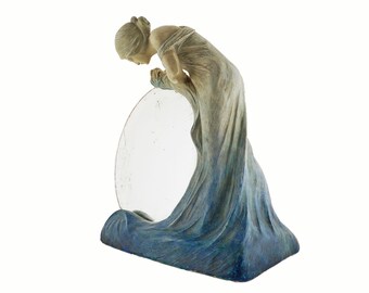 König & Lengsfeld Jugendstil Art Nouveau Woman Contemplating in the Mirror Blue Patina Pottery Statue - circa 1900's, Germany