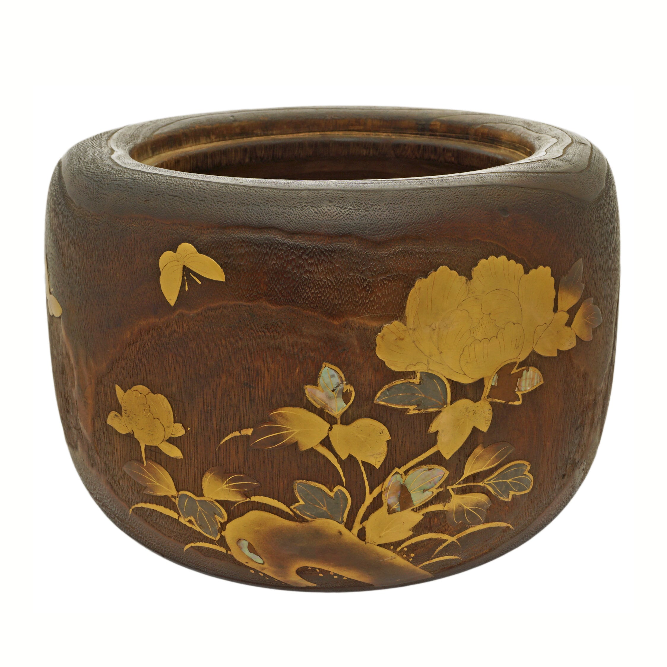 Antique Japanese Hibachi Brazier: Inlaid Wood Copper Planter