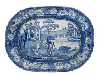 Staffordshire Pearlware Platter 19" Philosopher Pattern Large Meat Dish Blue Wall Decor Hanging Platter Display Antique Transferware Gift