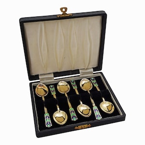 Art Deco Sterling Silver Enamel Demitasse Spoons Set - Turner & Simpson, 1950