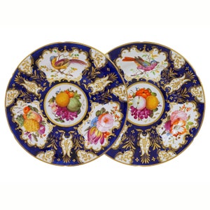 Antique Coalport Cabinet Plates Pair: Georgian Bird & Fruit Porcelain Decor