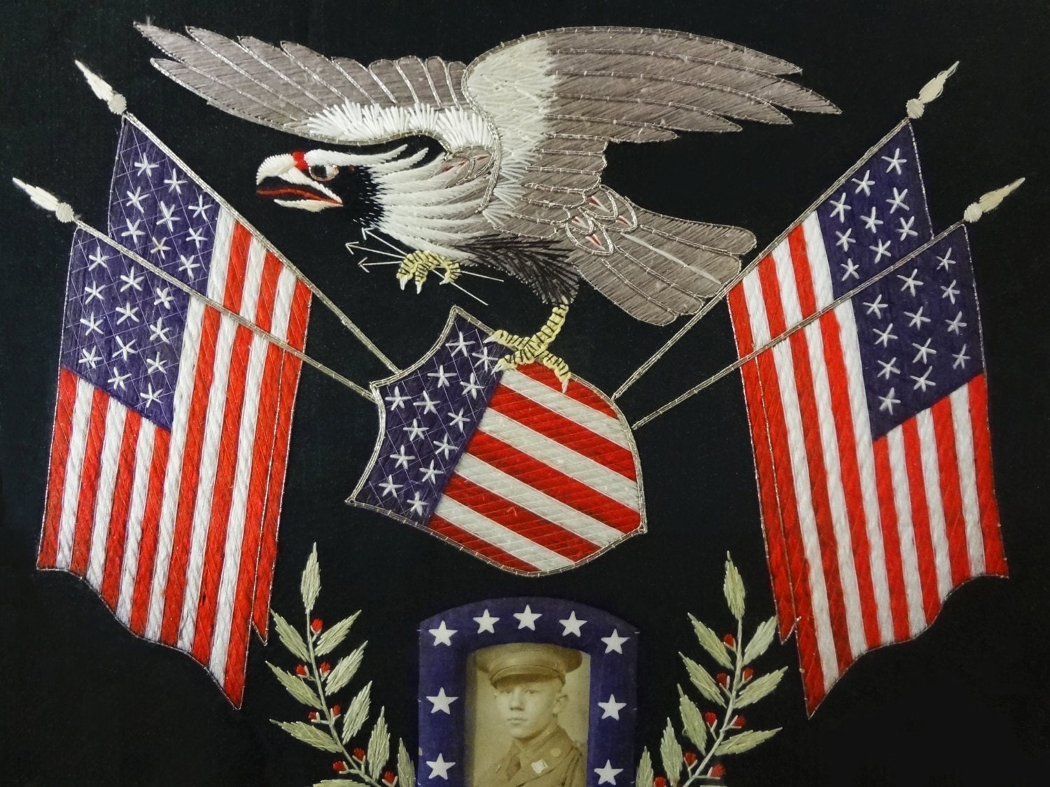 アンティークアメリカ国旗布製アイテム Antique American Flag Eagle Silk Embroidery Banner, White Fleet