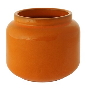 May include: A round, orange ceramic vase with a wide opening and a slightly textured surface. The vase has a smooth, glossy finish and a warm, inviting color. The vase is suitable for holding flowers or as a decorative piece.