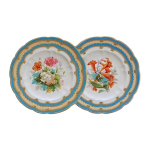 Antique Coalport Botanical Plates: English Jeweled Porcelain, Gilt Scalloped Edge (Pair)