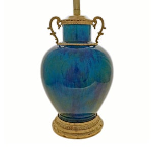 Art Deco Table Lamp by Paul Milet of Sevres Blue Green Mottled Flambe Glazed Ceramic Urn with Gilt Bronze Mount Wedding Gift Entryway Lamp