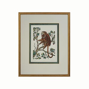 May include: A framed print featuring a brown monkey perched on a tree branch with green leaves and small fruits. The artwork is enclosed in a gold-toned frame with a cream-colored mat and a thin, dark green inner border, presenting a classic aesthetic.