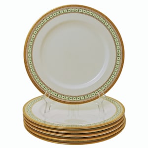 Coalport Art Deco Dinner Plates: Green Gilt Geometric Set of 6